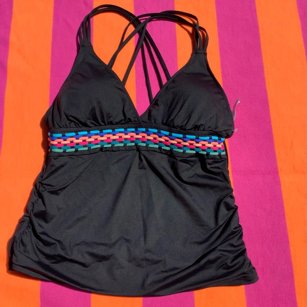 LA BLANCA black Macrame Crossback Tankini Top